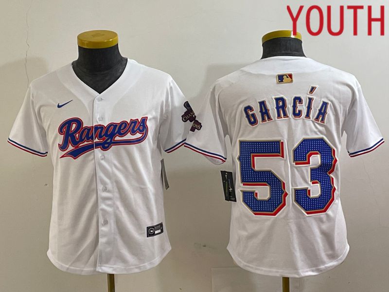 Youth Texas Rangers #53 Garcia White Champion Game Nike 2024 MLB Jersey style 1